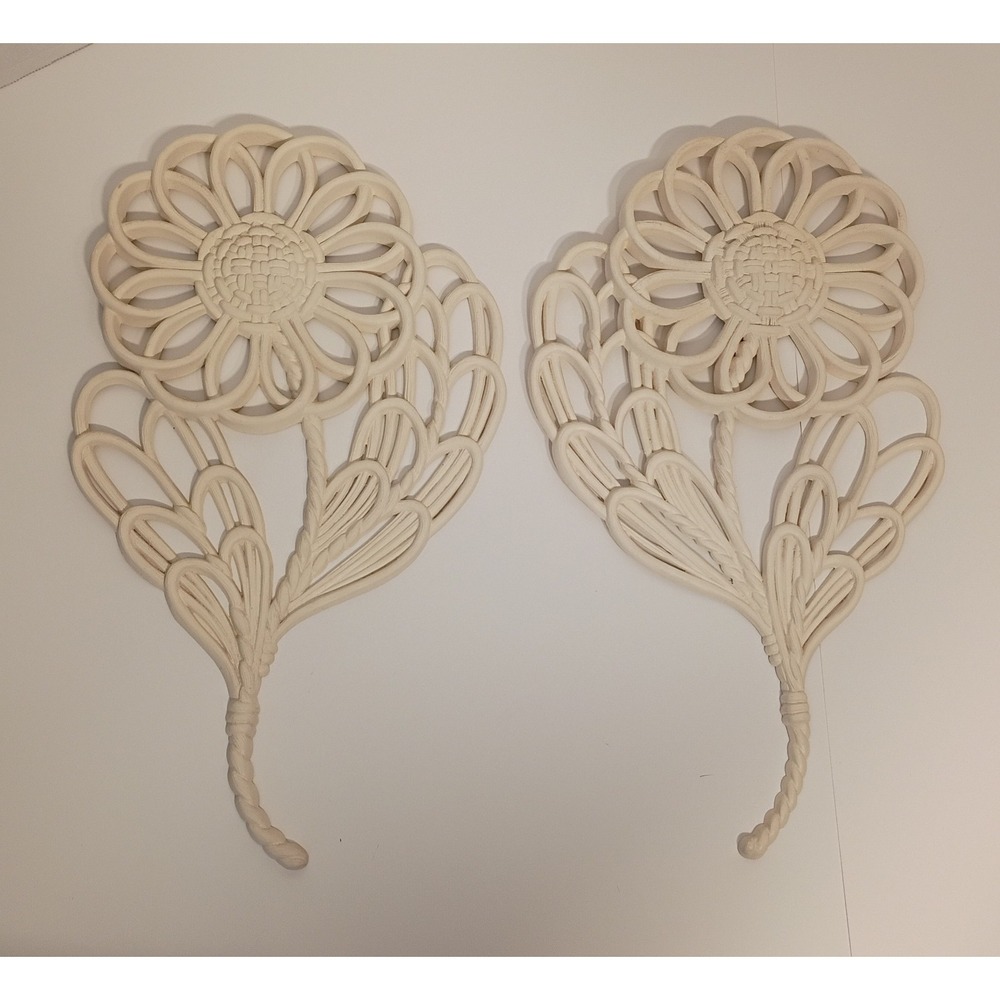 2 Vtg 1978 Burwood Wall Flowers White Large Size Wicker Look 18"x10" Pair 2198